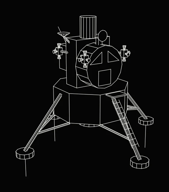 A lunar module drawn in white lines on black, with its legs, ladder, thrusters and antennas, and only the edges facing the viewer drawn.